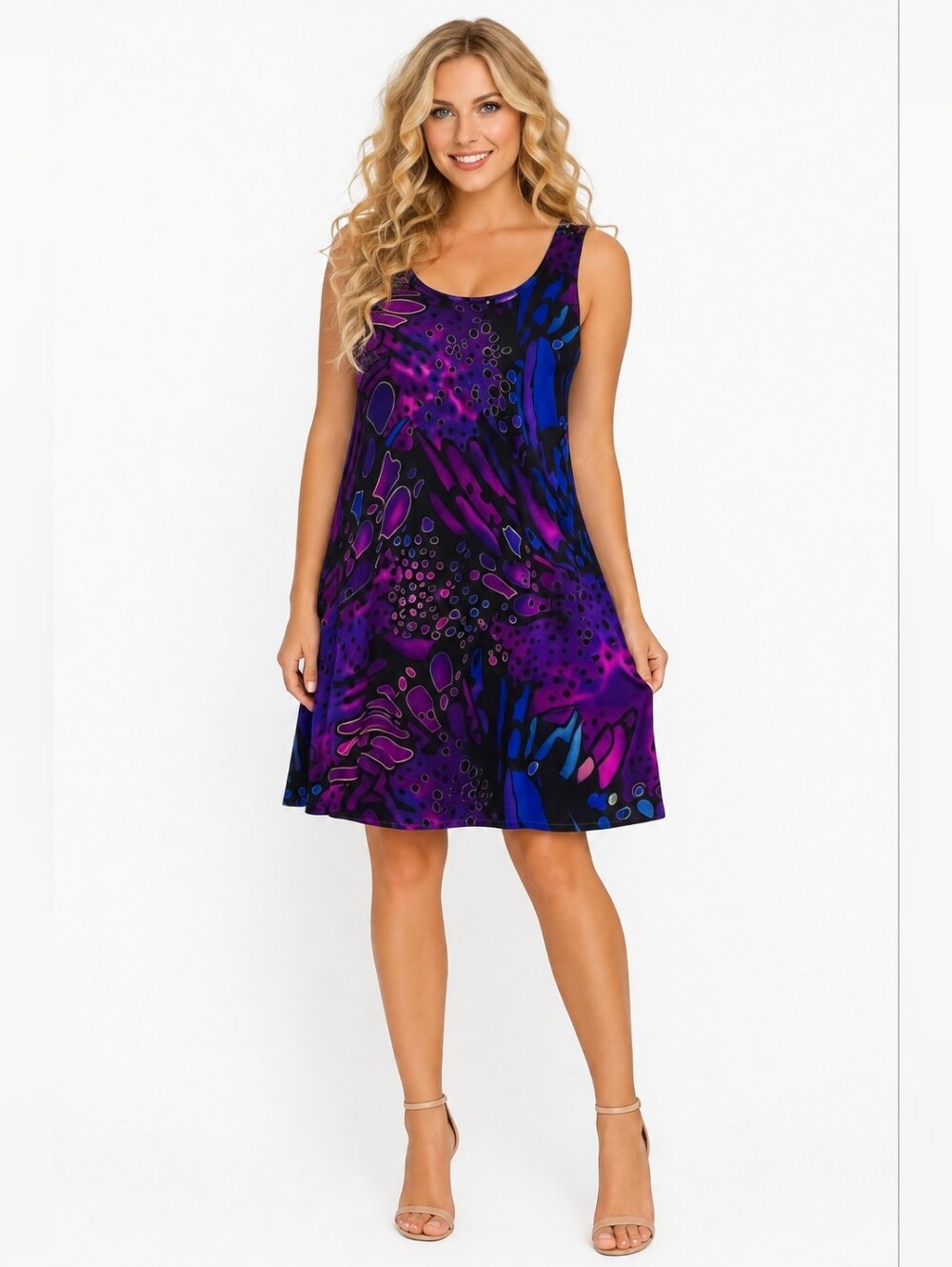 Jostar Purple & Blue Printed Sleeveless Dress